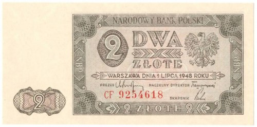 PRL, 2 złote 1948 CF Wyśmienicie zachowany banknot o idealnej żywej kolorystyce ...
