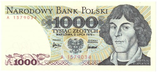 PRL, 1000 złotych 1975 A Wyśmienicie zachowany banknot o idealnej żywej koloryst...