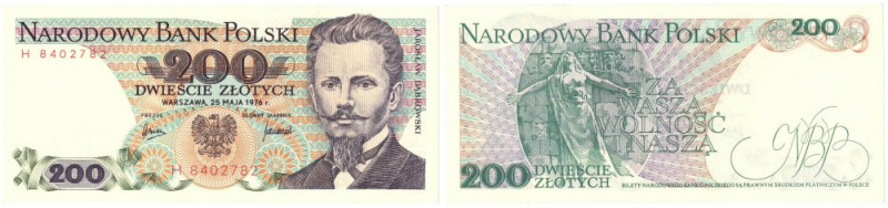 PRL, 200 złotych 1976 H Doskonale zachowany banknot w stanie emisyjnym. Nagniotk...