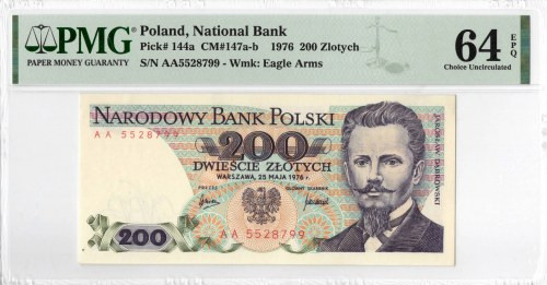 PRL, 200 złotych 1976 AA RZADKI - PMG 64EPQ Wyśmienicie zachowany banknot o idea...