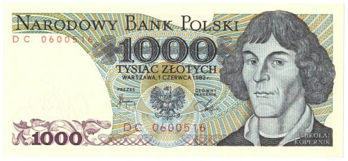 PRL, 1000 złotych 1982 DC Wyśmienicie zachowany banknot o idealnej żywej kolorys...