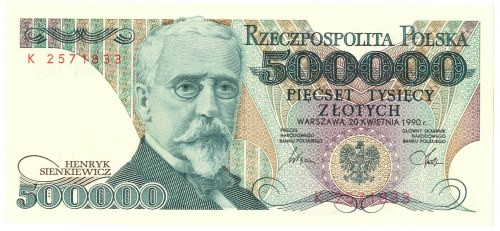 500.000 złotych 1990 K Wyśmienicie zachowany banknot o idealnej żywej kolorystyc...