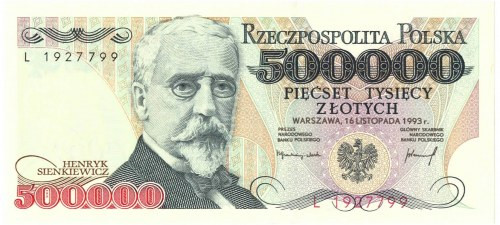 500.000 złotych 1990 L Wyśmienicie zachowany banknot o idealnej żywej kolorystyc...