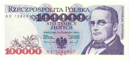 100.000 złotych 1993 AE Wyśmienicie zachowany banknot o idealnej żywej kolorysty...