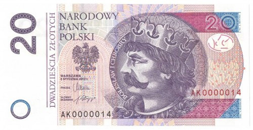 20 złotych 2012 - niski numer - 0000014 Wyśmienicie zachowany banknot. Bardzo po...