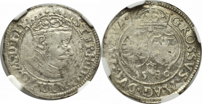 Stephan Bathory, Groschen 1580, Vilnius - NGC XF Det. Ładny egzemplarz. Dużo zac...