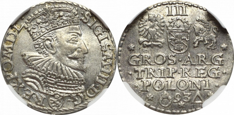 Sigismund III, 3 groschen 1593, Marienburg - NGC MS61 Wyśmienity, menniczy egzem...