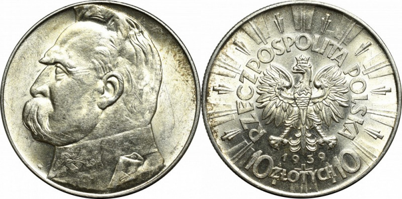 II Republic of Poland, 10 zloty 1939 Pilsudski Przepiękny egzemplarz z zegarowym...