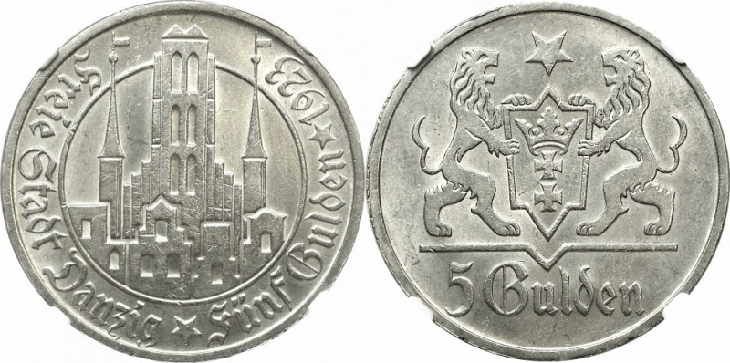 Free City of Danzig, 5 gulden 1923 - NGC MS63 Piękny menniczy egzemplarz. Jedna ...