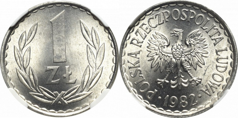 PRL, 1 złoty 1982 - wąska data NGC MS66 Bardzo rzadka odmiana z wąską datą. W 19...