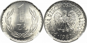 PRL, 1 złoty 1982 - wąska data NGC MS66 2-MAX