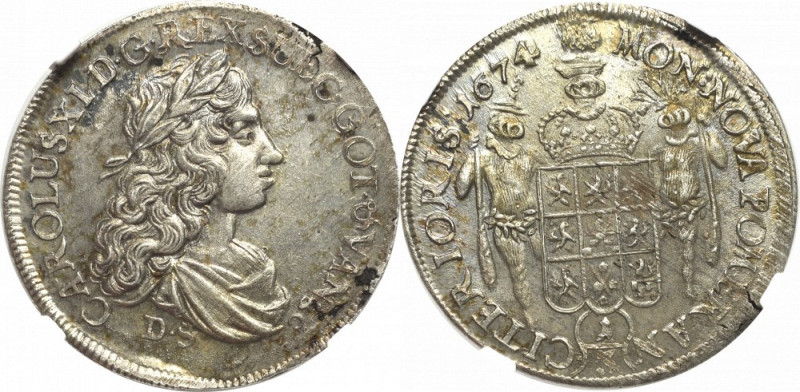 Pommern, Carol XI, 1/3 thaler 1674, Stettin - NGC MS62 Piękny egzemplarz w delik...