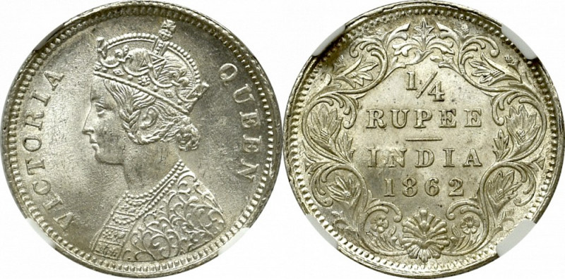 British India, 1/4 rupee 1862, Calcutta - NGC MS64 Piękny, menniczy egzemplarz. ...