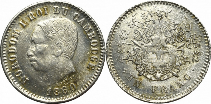 Cambodge, 1 Franc 1860 Piękny egzemplarz specyficznie niechlujnie wybity, jednak...