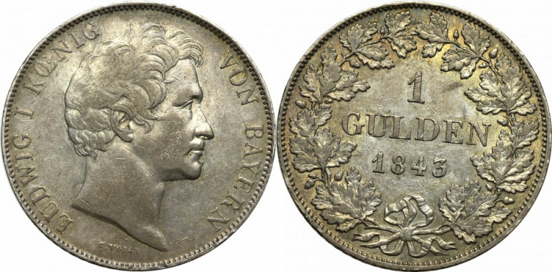 Germany, Bavaria, Ludvik I, Gulden 1843 Bardzo ładny egzemplarz w delikatnej obu...