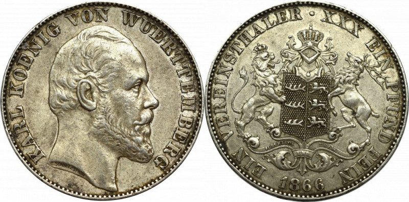 Germany, Wirtemberg, Thaler 1866 Ładny, lekko obiegowy egzemplarz. Rzadsza na po...