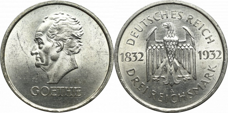 Germany, 3 mark 1932 D Goethe, Rare - Double Die Bardzo ładny połyskowy egzempla...