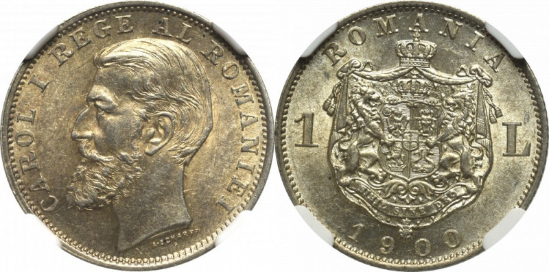 Romania, 1 Leu 1900 - NGC AU58 Bardzo ładny okołomenniczy egzemplarz w przyjemne...