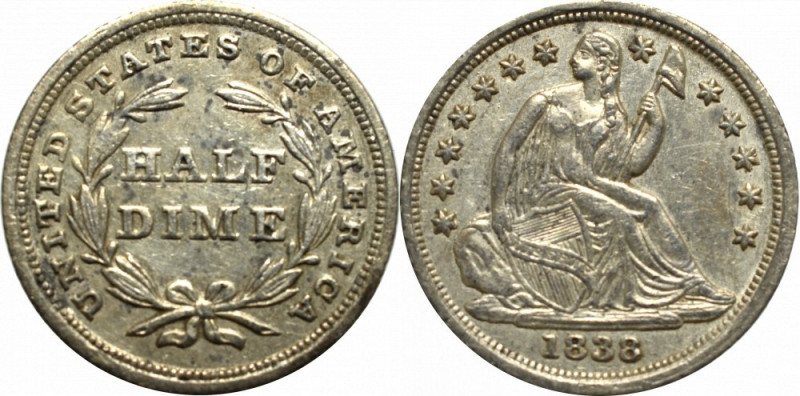 USA, Half dime 1838 - Seated Liberty Bardzo ładny połyskowy egzemplarz. Doskonal...