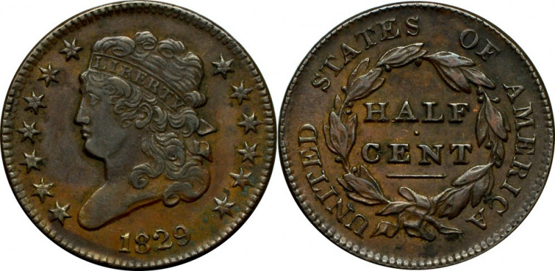 USA, 1/2 cent 1829 Atrakcyjny egzemplarz w nierównej patynie z całkiem przyzwoit...