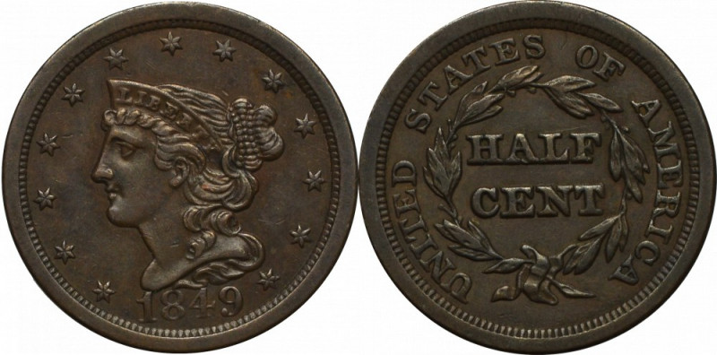 USA, 1/2 cent 1849 Bardzo ładny zdecydowanie ponadprzeciętny egzemplarz. Moneta ...