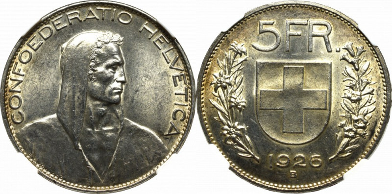 Switzerland, 5 frank 1926 - NGC MS61 Menniczy egzemplarz rzadszej 5 frankówki do...