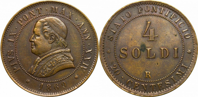 Vatican, Pius IX, 4 Soldi 1869 Piękny egzemplarz w obustronnej brązowej przyjemn...