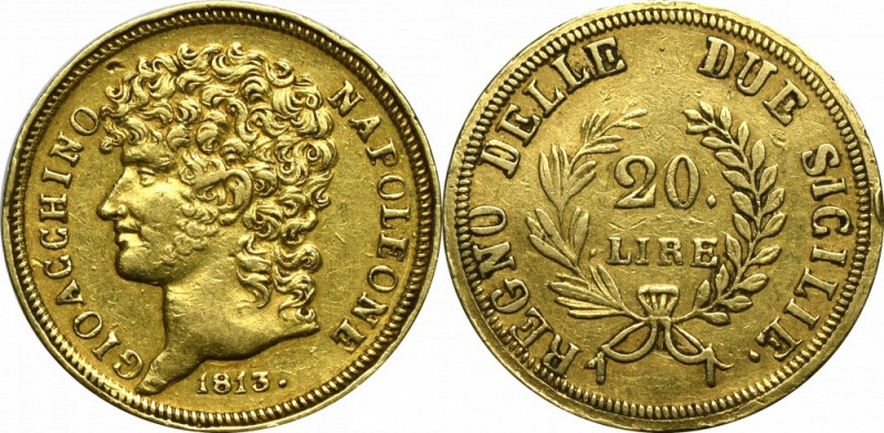 Italy, 20 lire 1813 Rzadka moneta w przyzwoitym stanie zachowania. Złoto próby ....