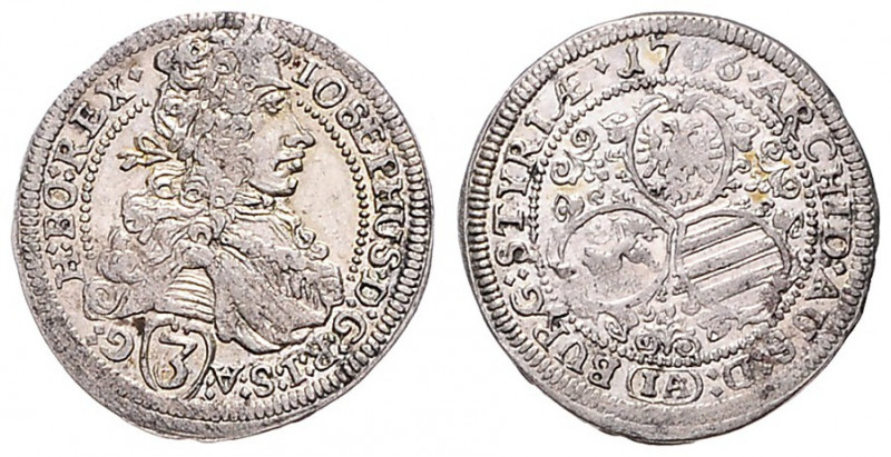 JOSEPH I (1705 - 1711)&nbsp;
3 Kreuzer, 1706, 1,62g, Graz. Her 186&nbsp;

abo...