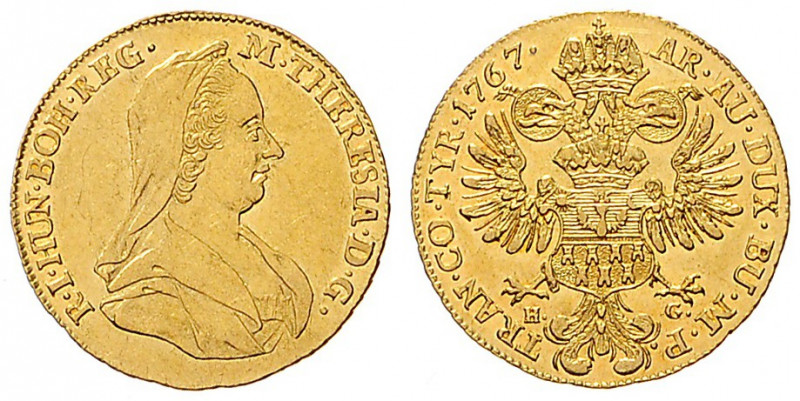 MARIA THERESA (1740 - 1780)&nbsp;
1 Ducat, 1767, 3,48g, HG Karlsburg. Her 219&n...