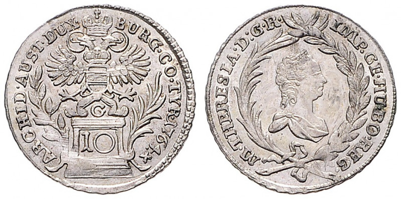 MARIA THERESA (1740 - 1780)&nbsp;
10 Kreuzer, 1764, 3,88g, Gunzburg. Her 1179&n...