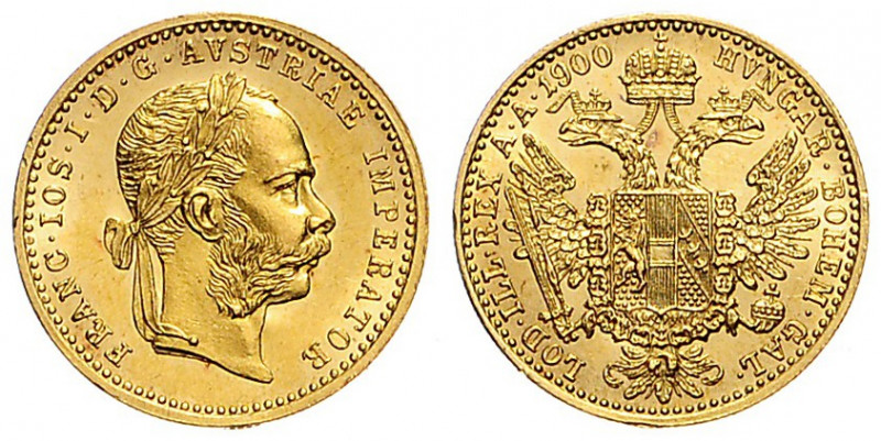 FRANZ JOSEPH I (1848 - 1916)&nbsp;
1 Ducat, 1900, 3,49g, Früh 1259&nbsp;

abo...