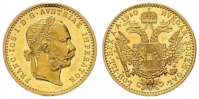 FRANZ JOSEPH I (1848 - 1916)&nbsp;
1 Ducat, 1910, 3,49g, Früh 1269&nbsp;

abo...