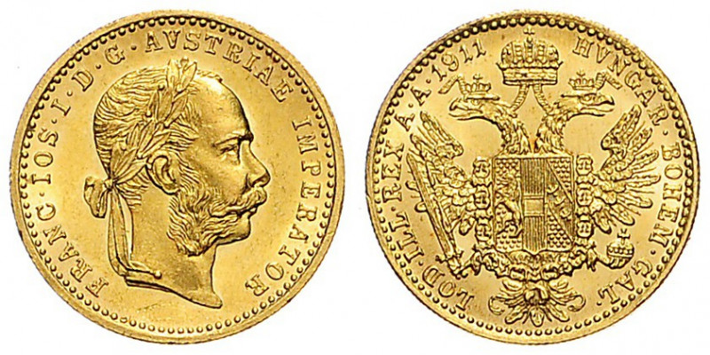 FRANZ JOSEPH I (1848 - 1916)&nbsp;
1 Ducat, 1911, 3,49g, Früh 1270&nbsp;

abo...