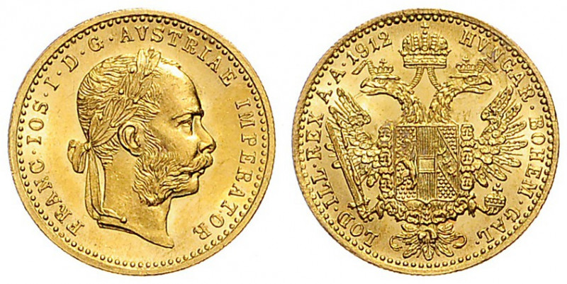 FRANZ JOSEPH I (1848 - 1916)&nbsp;
1 Ducat, 1912, 3,49g, Früh 1271&nbsp;

abo...