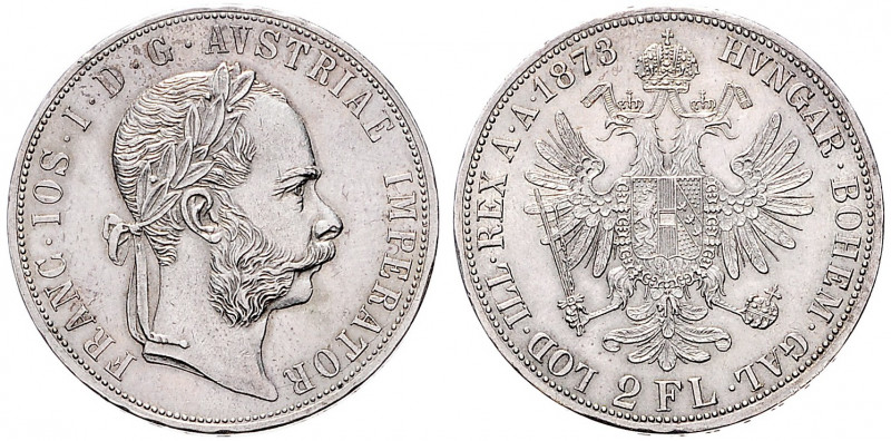 FRANZ JOSEPH I (1848 - 1916)&nbsp;
2 Gulden, 1873, 24,63g, Früh 1372&nbsp;

E...