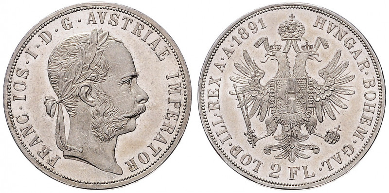 FRANZ JOSEPH I (1848 - 1916)&nbsp;
2 Gulden, 1891, 24,69g, Früh 1390&nbsp;

a...