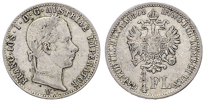 FRANZ JOSEPH I (1848 - 1916)&nbsp;
1/4 Gulden, 1862, 5,27g, V. Früh 1540&nbsp;...