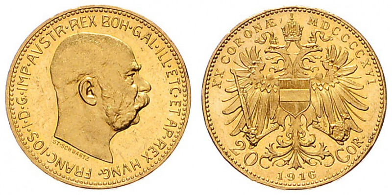 FRANZ JOSEPH I (1848 - 1916)&nbsp;
20 Corona, 1916, 6,78g, Früh 1947&nbsp;

E...