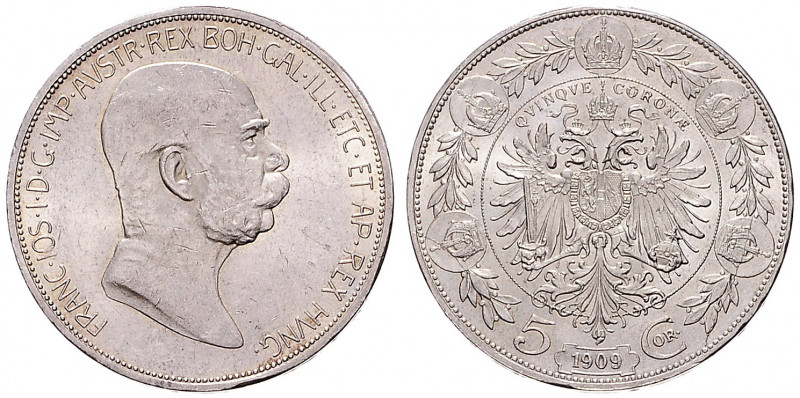 FRANZ JOSEPH I (1848 - 1916)&nbsp;
5 Corona, 1909, 24,05g, Früh 1961&nbsp;

a...