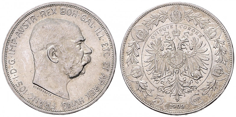 FRANZ JOSEPH I (1848 - 1916)&nbsp;
5 Corona St. Schwarz, 1909, 23,97g, Früh 196...