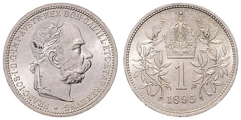 FRANZ JOSEPH I (1848 - 1916)&nbsp;
1 Corona, 1895, 4,98g, Früh 1968&nbsp;

UN...