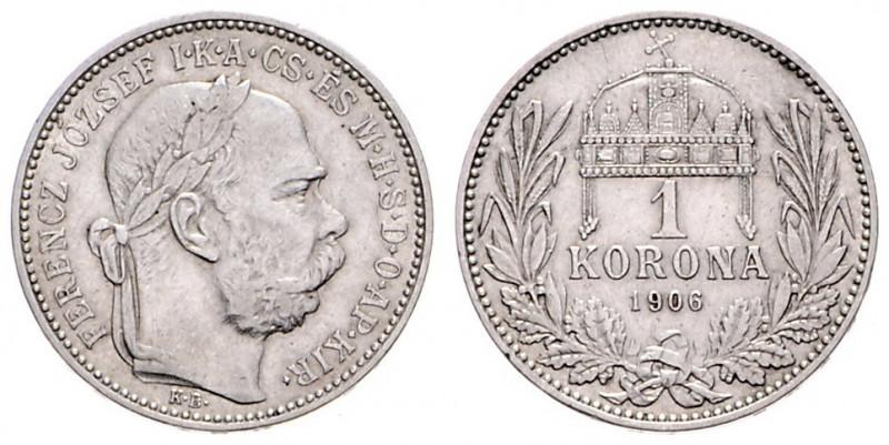 FRANZ JOSEPH I (1848 - 1916)&nbsp;
1 Korona, 1906, 4,97g, KB. Früh 2119&nbsp;
...