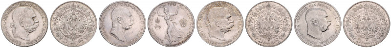 FRANZ JOSEPH I (1848 - 1916)&nbsp;
Lot 4 coins - 5 Corona 1900, 1907, 1908 and ...