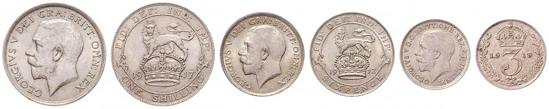 GEORGE V (1911 - 1936)&nbsp;
Lot 3 coins - Schilling 1917; 6 Pence 1912; 3 Penc...