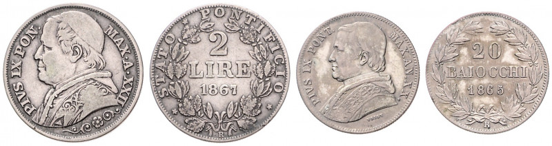 POPE PIUS IX (1846 - 1878)&nbsp;
Lot 2 coins - 2 Lira 1867; 20 Baiocchi 1865, 1...