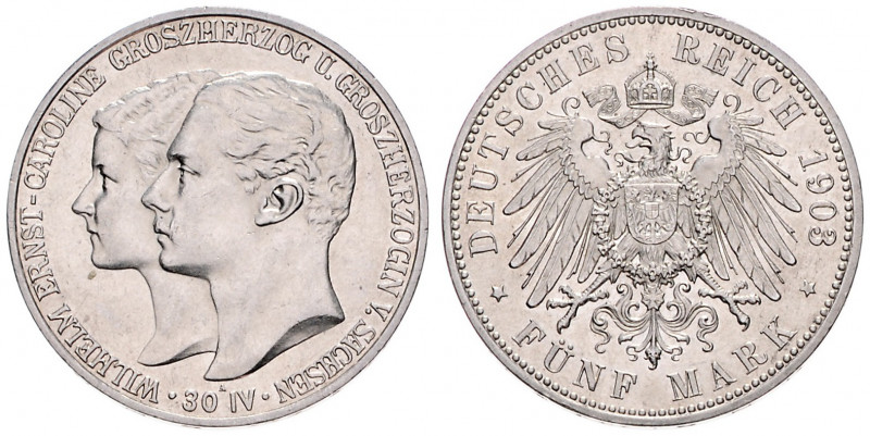 SACHSEN - WEIMAR - EISENACH&nbsp;
5 Mark, 1903, 27,75g, Jäg 159&nbsp;

EF | a...