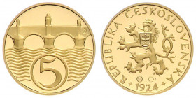 COINS, MEDALS&nbsp;
5 Haleru, Au replica, box, 1924/2007, 7,78g, Česká mincovna. Au 999/1000&nbsp;

PROOF