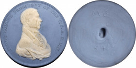 James Monroe Indian Peace Medal Copy in Blue Jasperware. Porcelain. As Made or Nearly So.

65.3 mm. The back is black but for the as-made markings "...