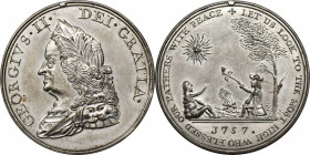 "1757" Treaty of Easton or Quaker Indian Peace Medal. Restrike. White Metal. Julian IP-49, Betts-401, Jamieson Fig. 8. MS-63 (NGC).

43.4 mm. 397.9 ...